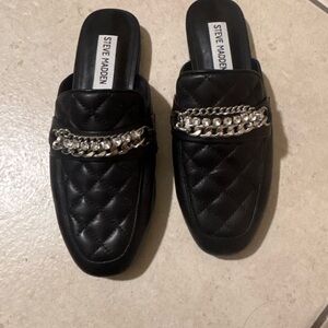 Steve Madden Quilted Black Loafers with Silver Chain Accent